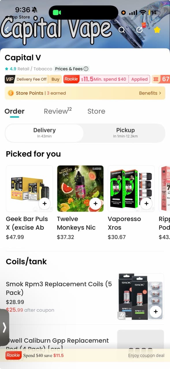 Capital V listing inside Fantuan Delivery, showing the Capital Vape banner and the store name Capital V.