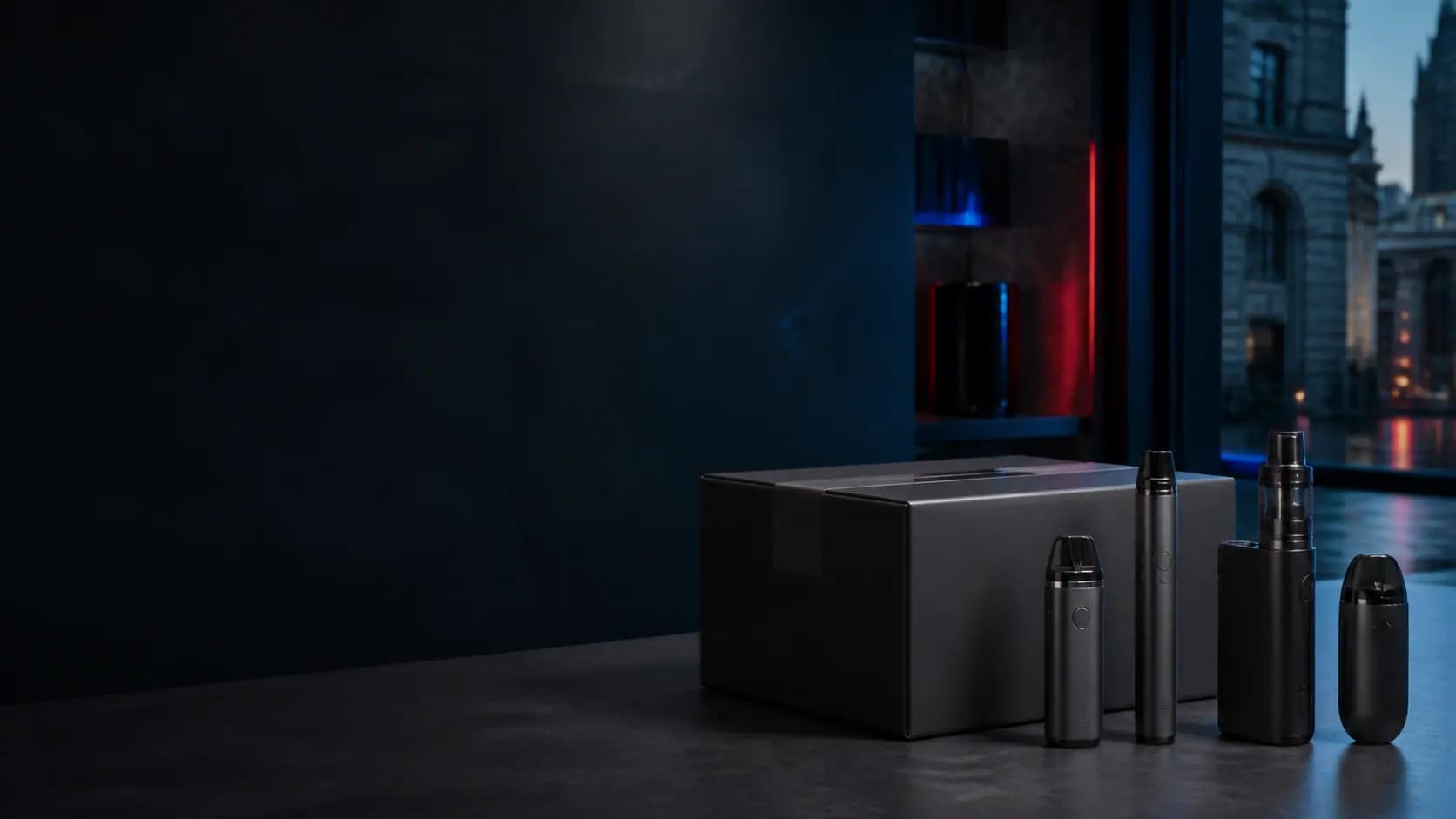 Unbranded vape devices and a parcel in a cool evening Montreal studio setting