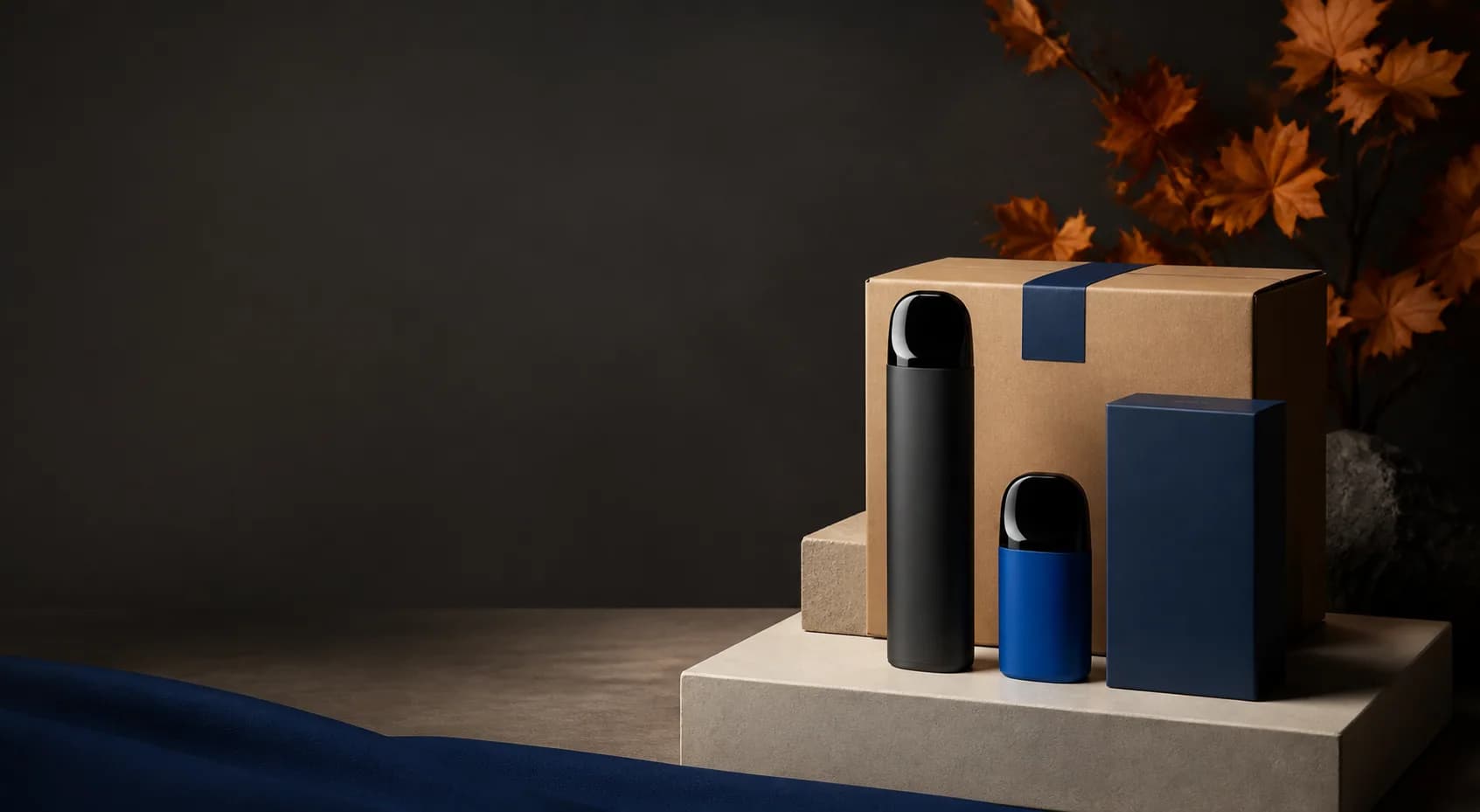 Unbranded product silhouettes and a shipping parcel in a premium autumn studio setting