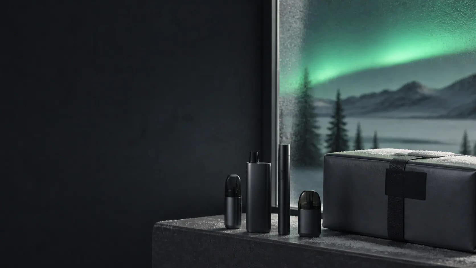 Unbranded vape devices and a tracked parcel in a winter northern Canada studio setting