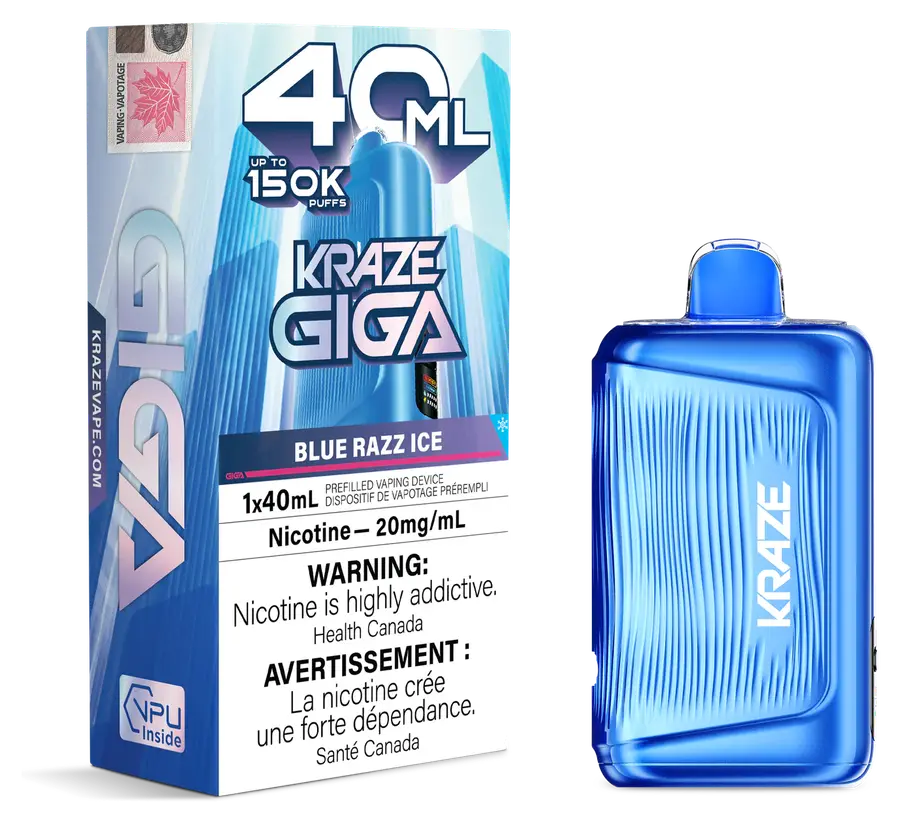 Kraze Giga 150K 40 mL Blue Razz Ice 20 mg disposable vape Kraze Giga 150K 40 mL Blue Razz Ice 20 mg disposable vape