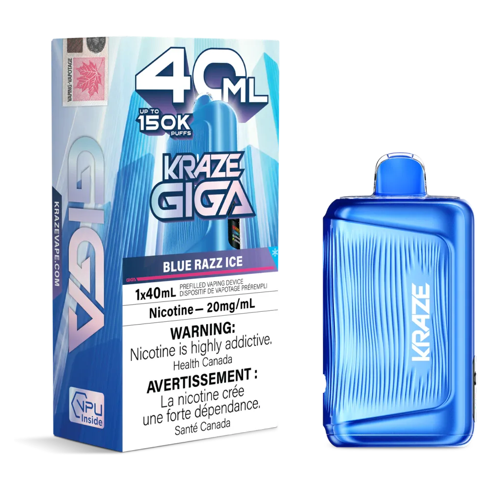 Kraze Giga 150K 40 mL Blue Razz Ice 20 mg disposable vape Kraze Giga 150K 40 mL Blue Razz Ice 20 mg disposable vape