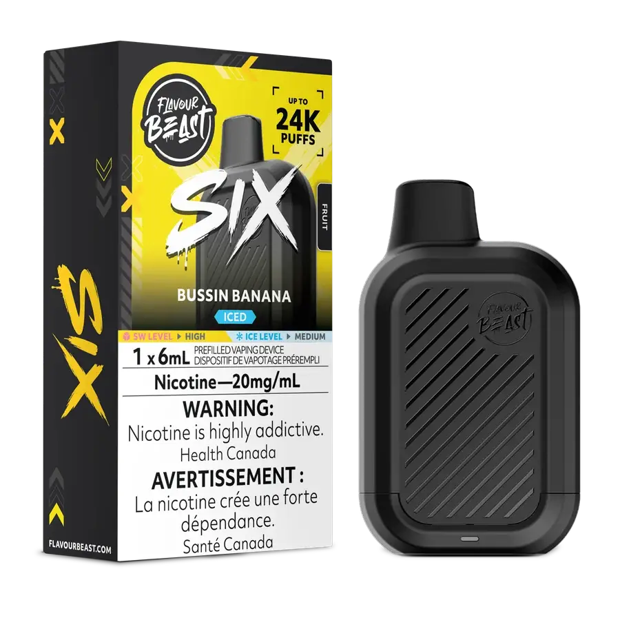 Flavour Beast SIX 6mL Bussin Banana Iced 20mg/mL device with retail packaging Flavour Beast SIX 6mL Bussin Banana Iced 20mg/mL device with retail packaging
