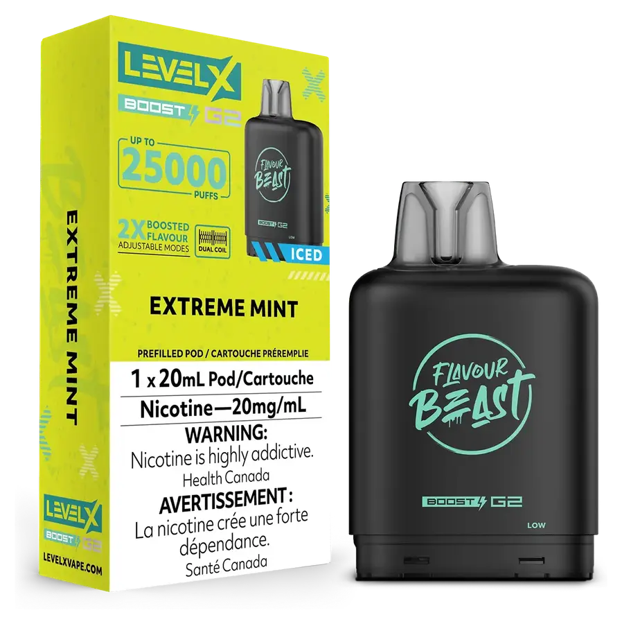 Flavour Beast Level X Boost G2 Extreme Mint Iced prefilled pod, 20 mg/mL, 20 mL Flavour Beast Level X Boost G2 Extreme Mint Iced prefilled pod, 20 mg/mL, 20 mL