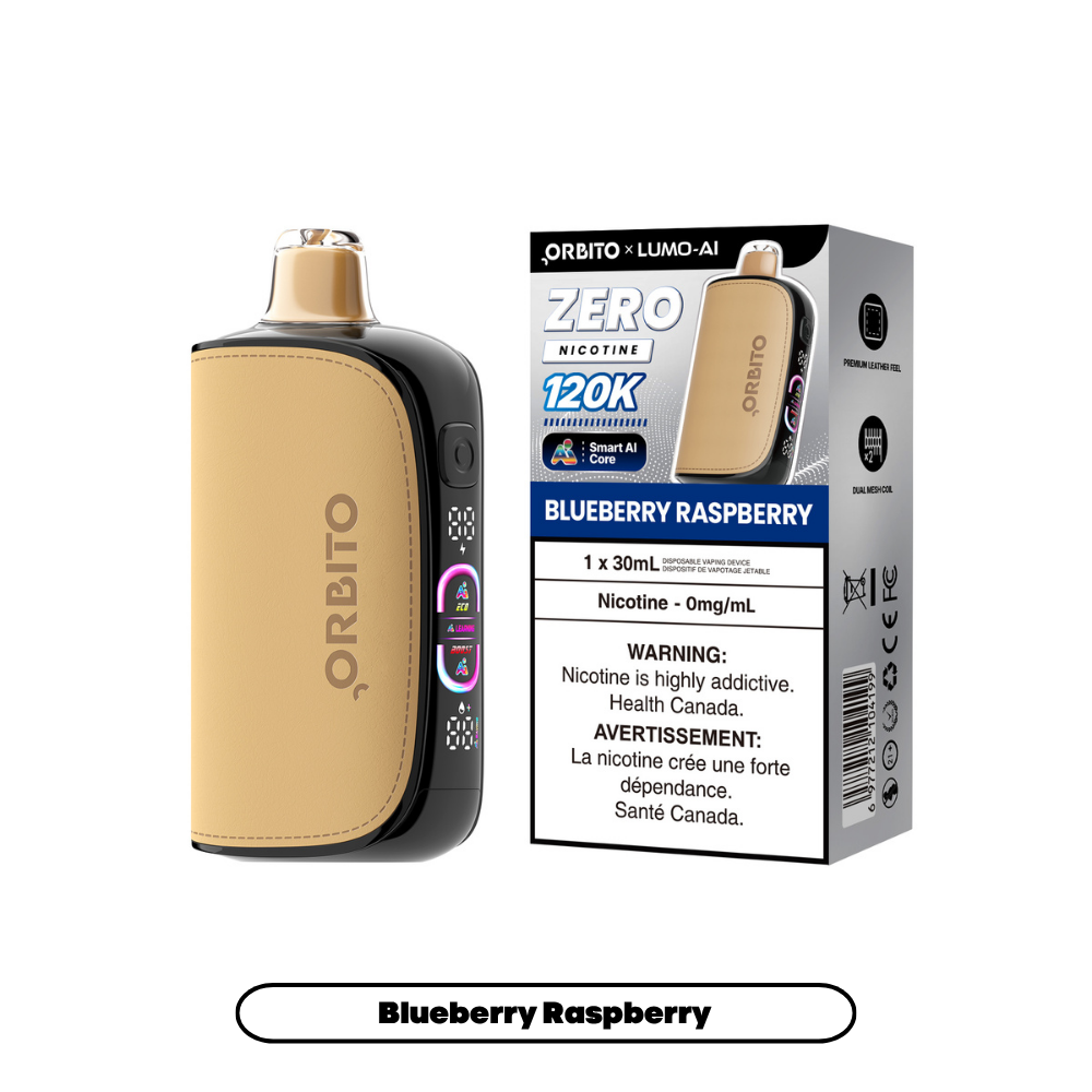 Orbito Lumo AI 120K 0mg Blueberry Raspberry nicotine-free disposable vape with box Orbito Lumo AI 120K 0mg Blueberry Raspberry nicotine-free disposable vape with box