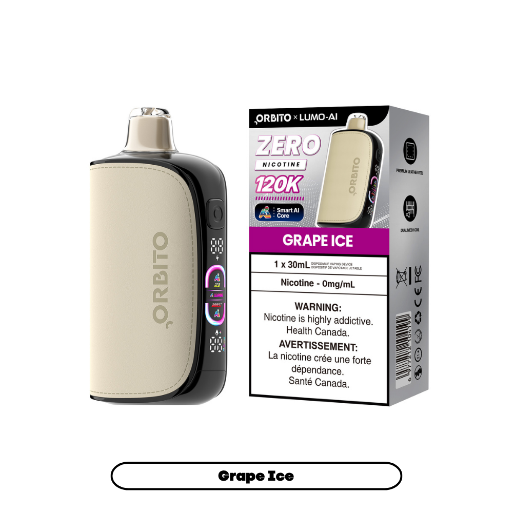 Orbito Lumo AI 120K 0mg Grape Ice nicotine-free disposable vape with box