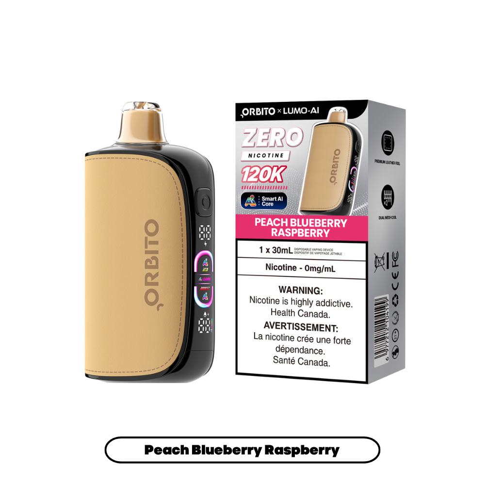 Orbito Lumo AI 120K 0mg Peach Blueberry Raspberry nicotine-free disposable vape with box