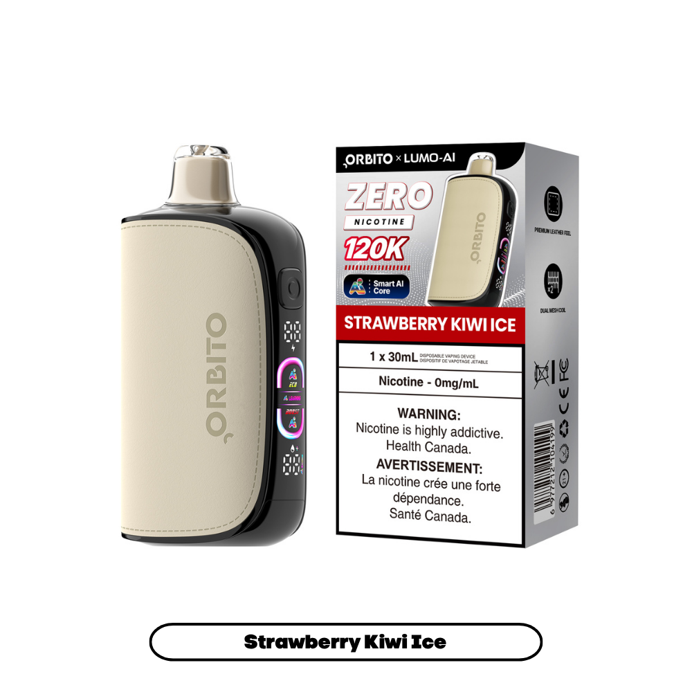 Orbito Lumo AI 120K 0mg Strawberry Kiwi Ice nicotine-free disposable vape with box