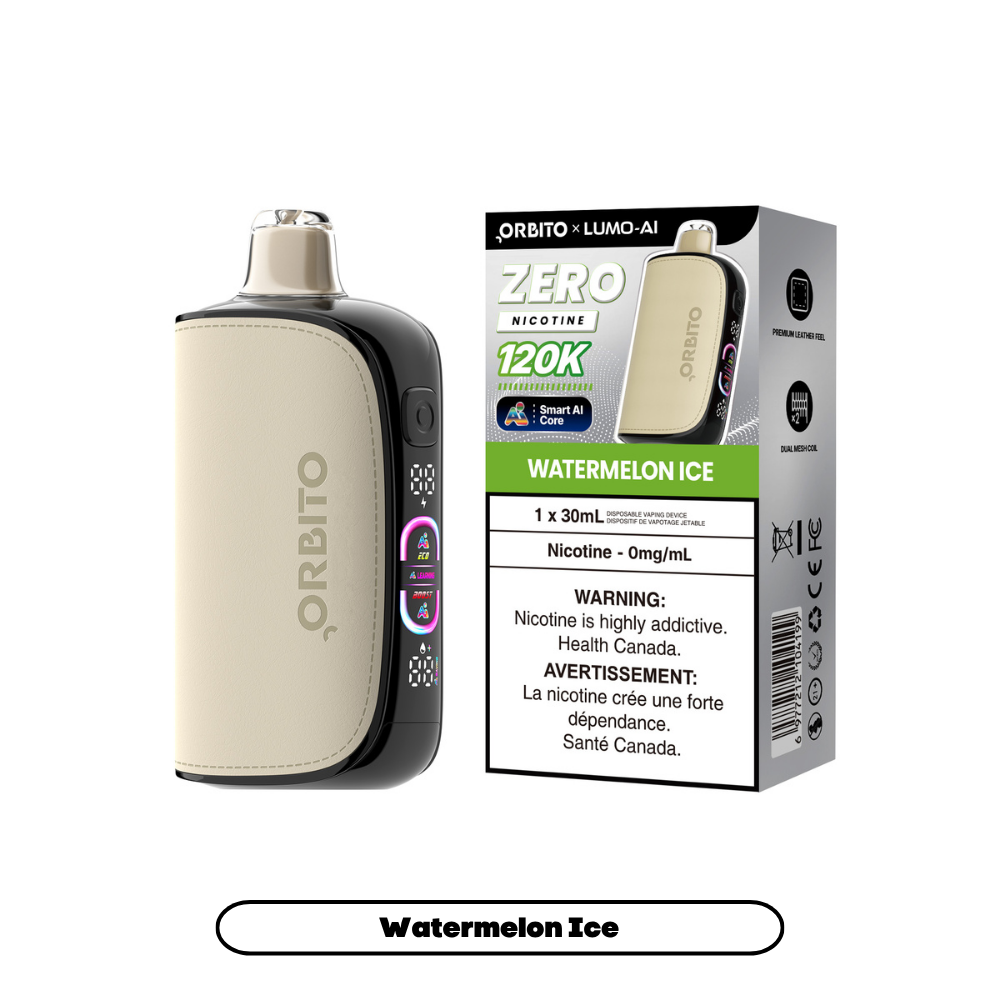 Orbito Lumo AI 120K 0mg Watermelon Ice nicotine-free disposable vape with box