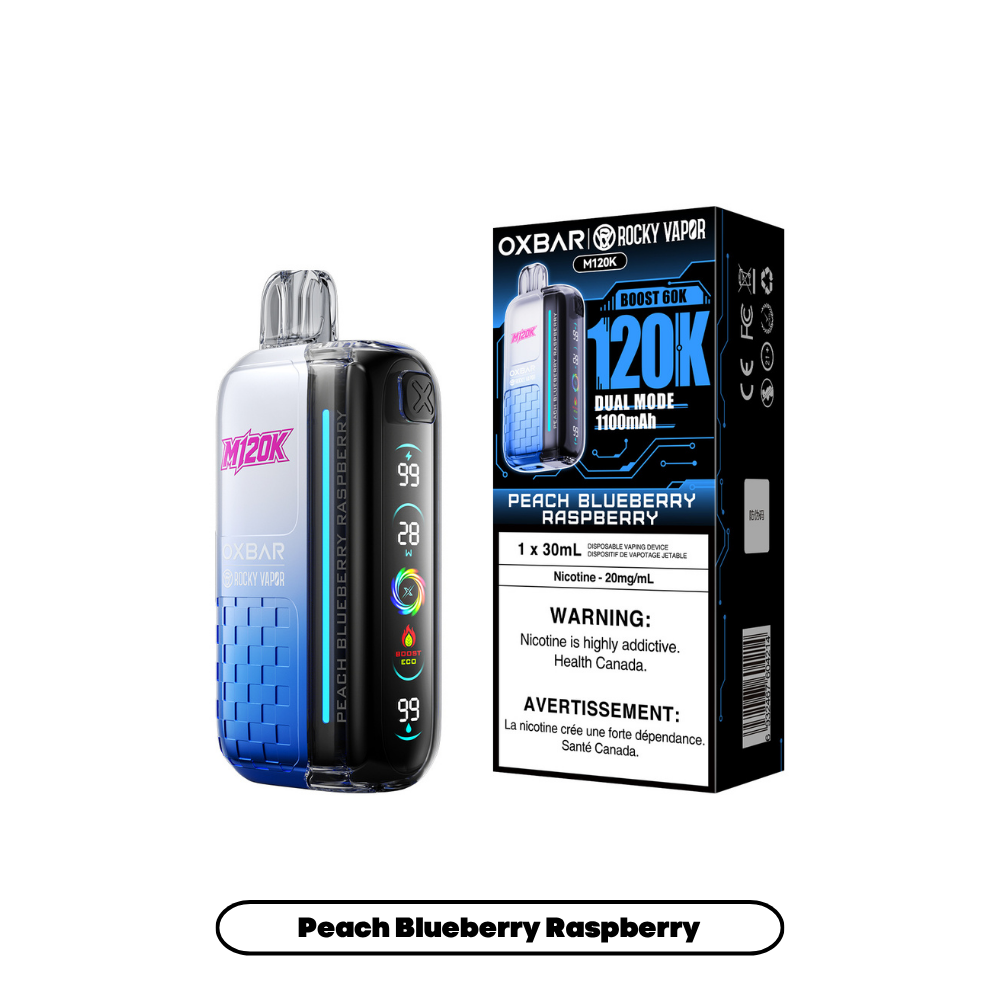 OXBAR M120K 20mg Peach Blueberry Raspberry disposable vape with box