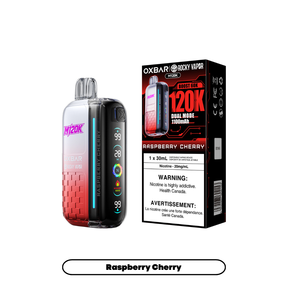 OXBAR M120K 20mg Raspberry Cherry disposable vape with box