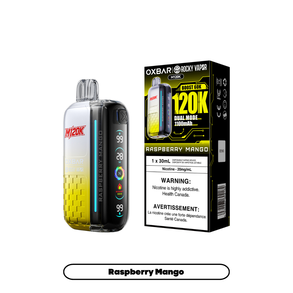 OXBAR M120K 20mg Raspberry Mango disposable vape with box