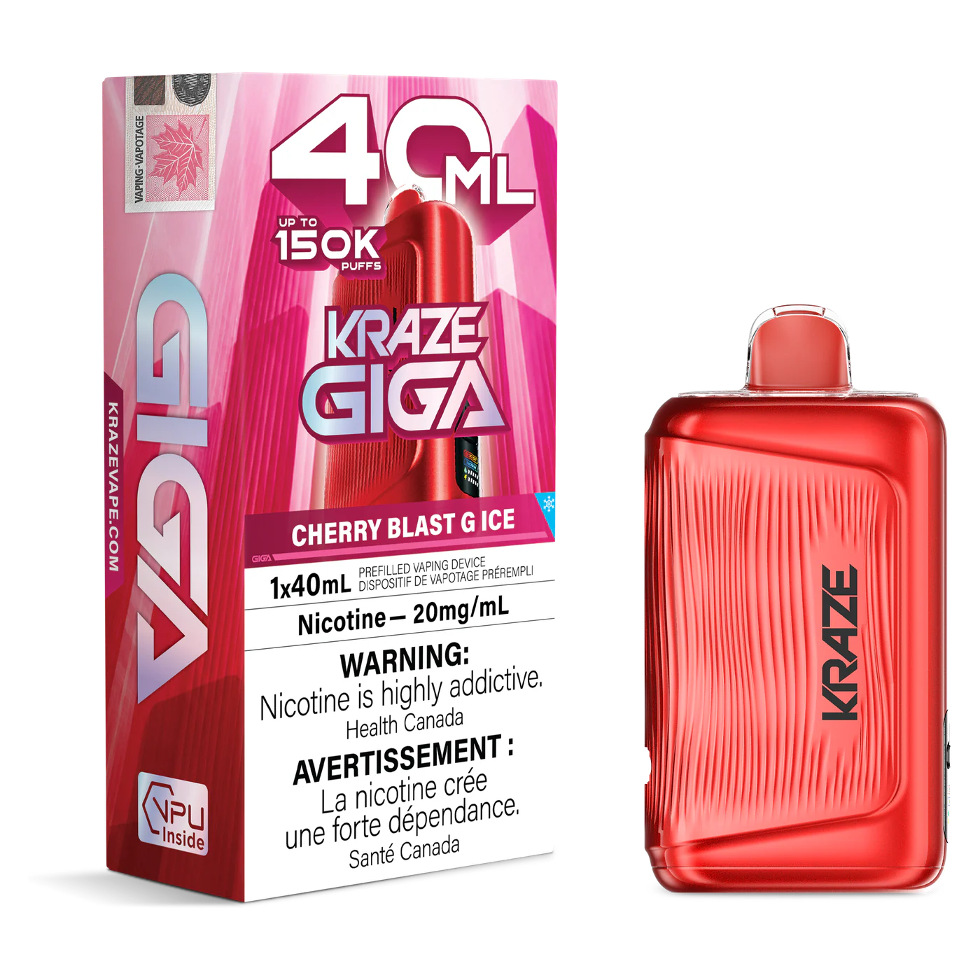 Kraze Giga 150K 40 mL Cherry Blast G Ice 20 mg disposable vape