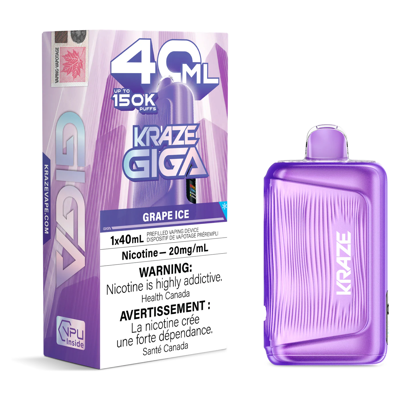 Kraze Giga 150K 40 mL Grape Ice 20 mg disposable vape