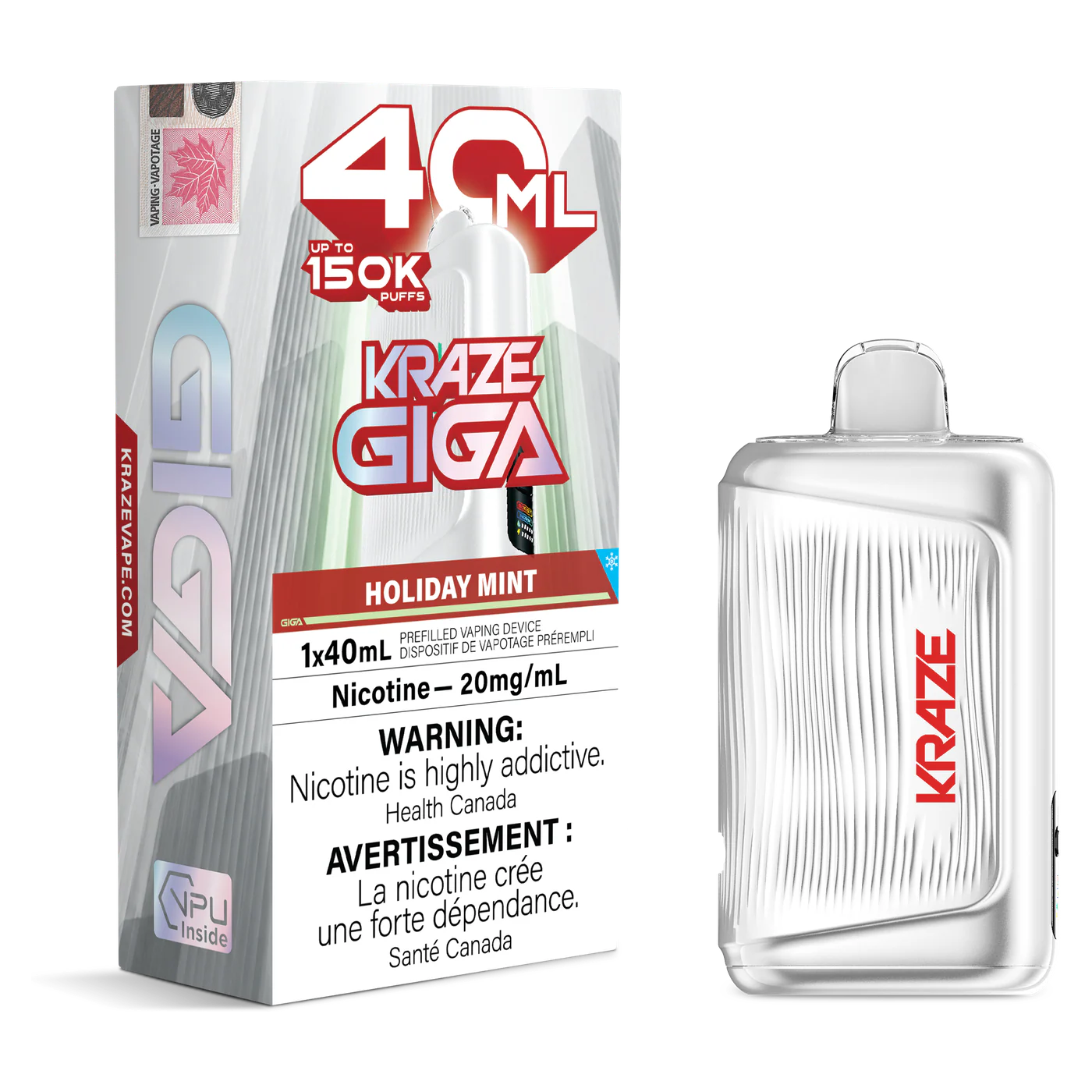 Kraze Giga 150K 40 mL Holiday Mint 20 mg disposable vape