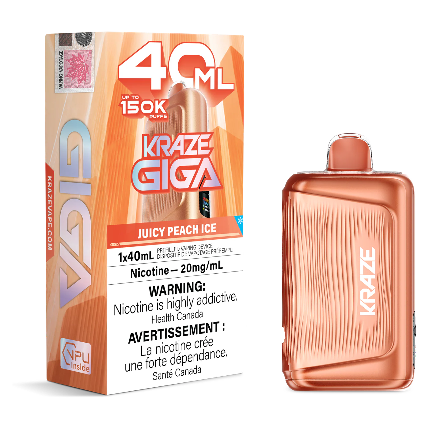Kraze Giga 150K 40 mL Juicy Peach Ice 20 mg disposable vape