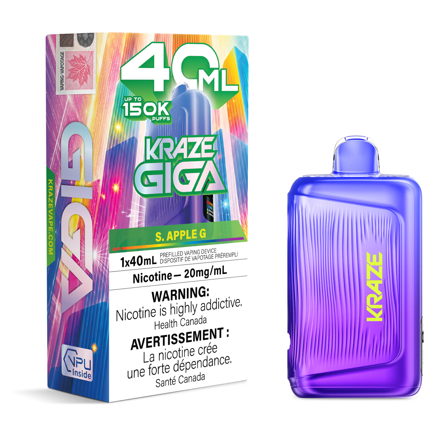 Kraze Giga 150K 40 mL S. Apple G 20 mg disposable vape