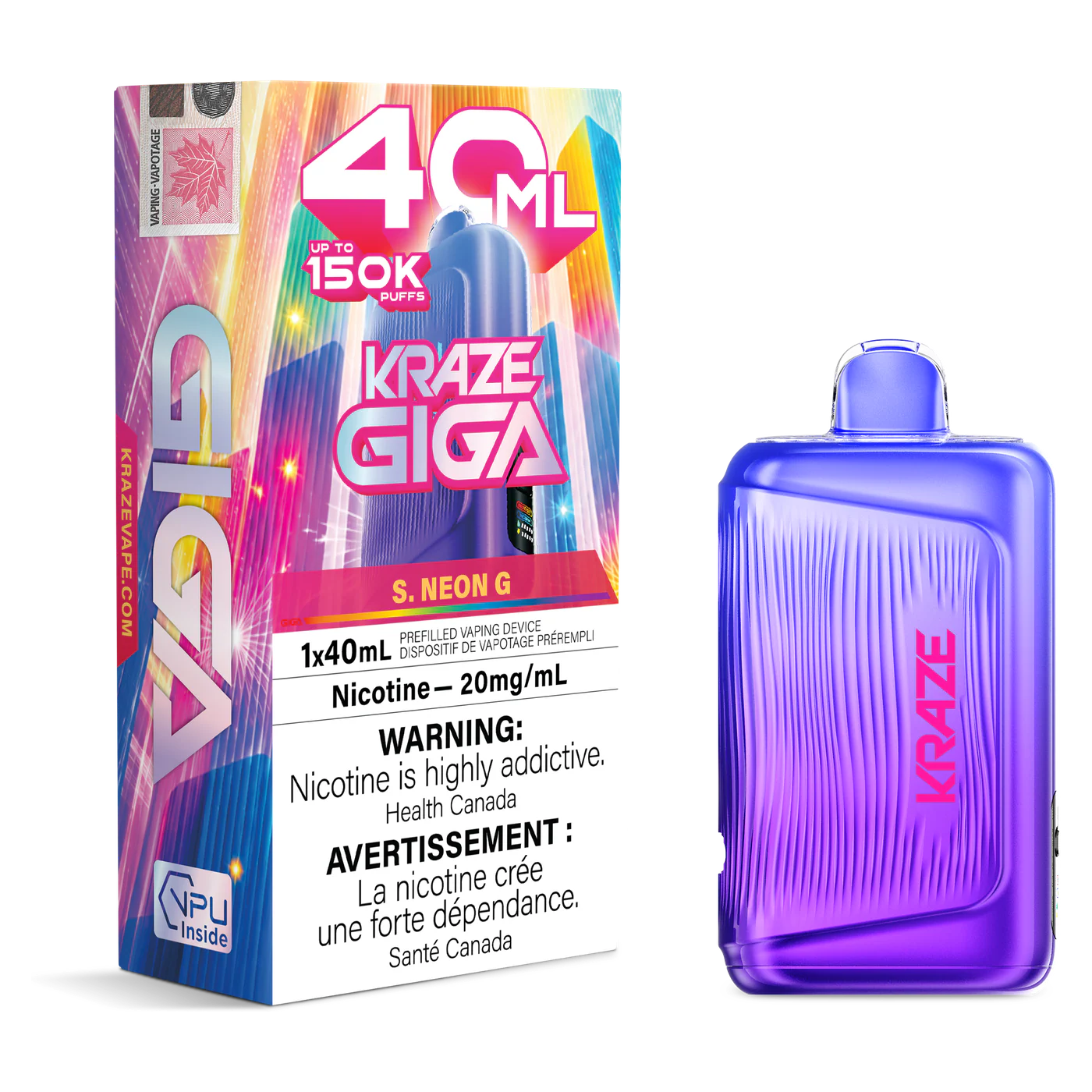 Kraze Giga 150K 40 mL S. Neon G 20 mg disposable vape