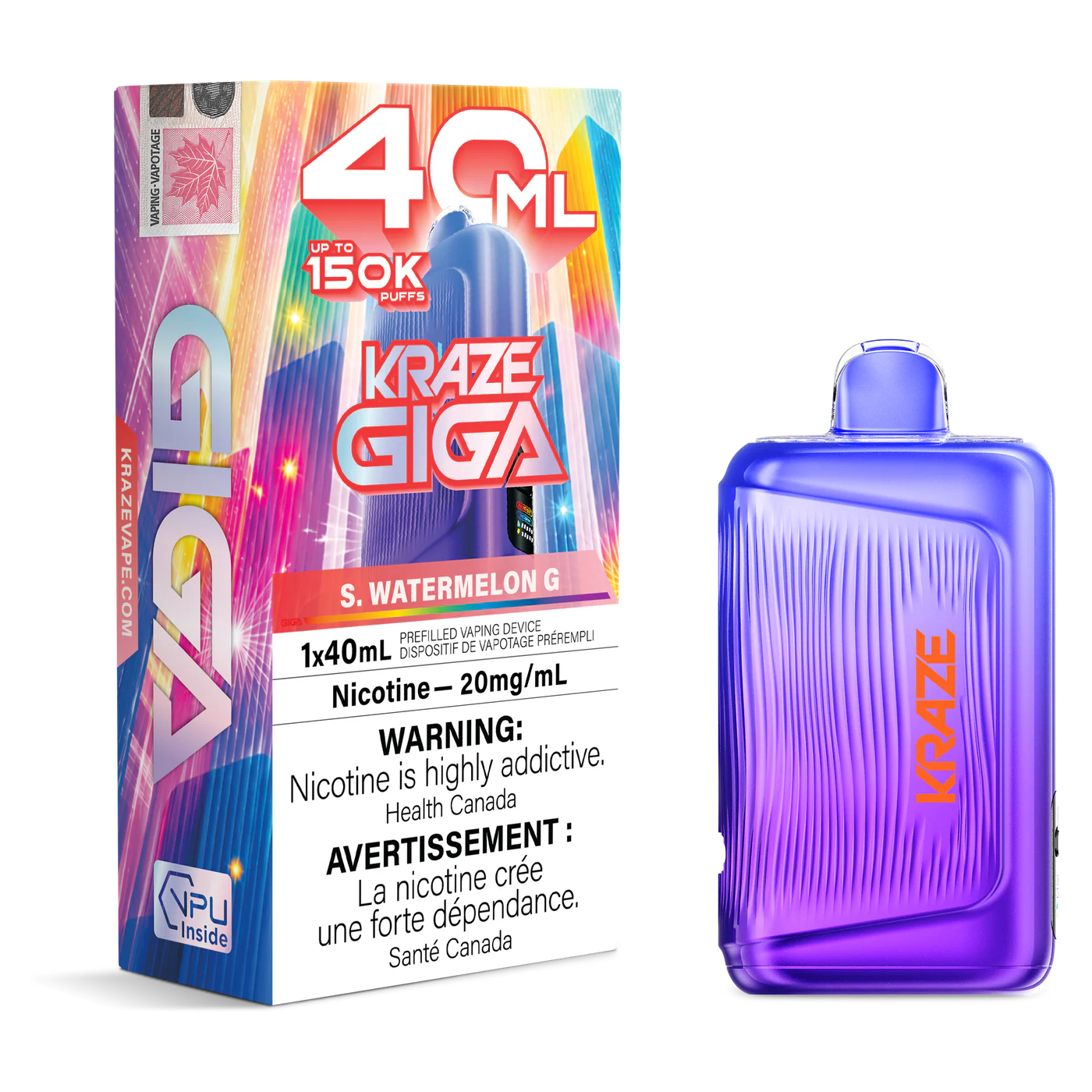 Kraze Giga 150K 40 mL S. Watermelon G 20 mg disposable vape