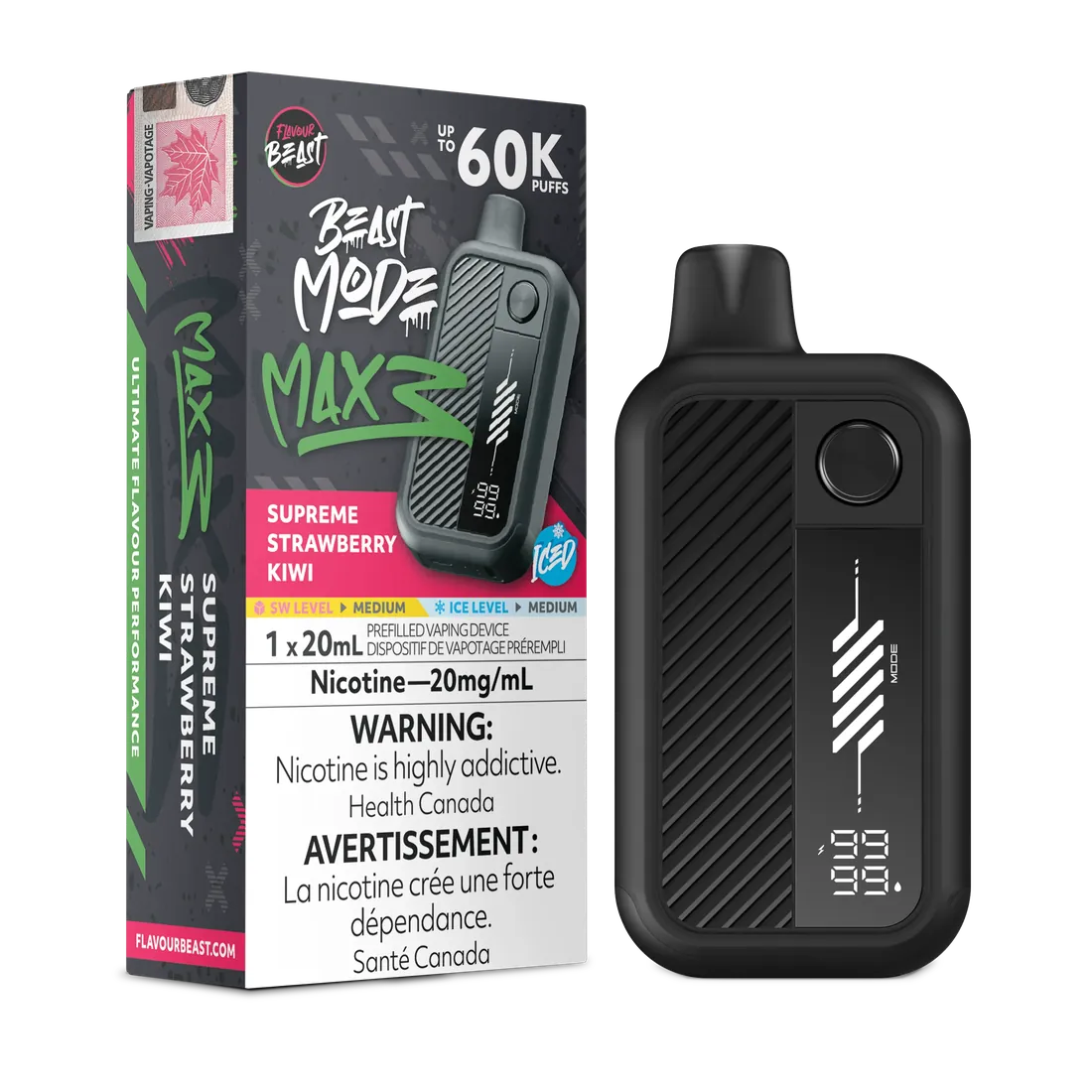 FLAVOUR BEAST BEAST MODE MAX 3 - Supreme Strawberry Kiwi Iced / Nicotine Strength: 20 mg