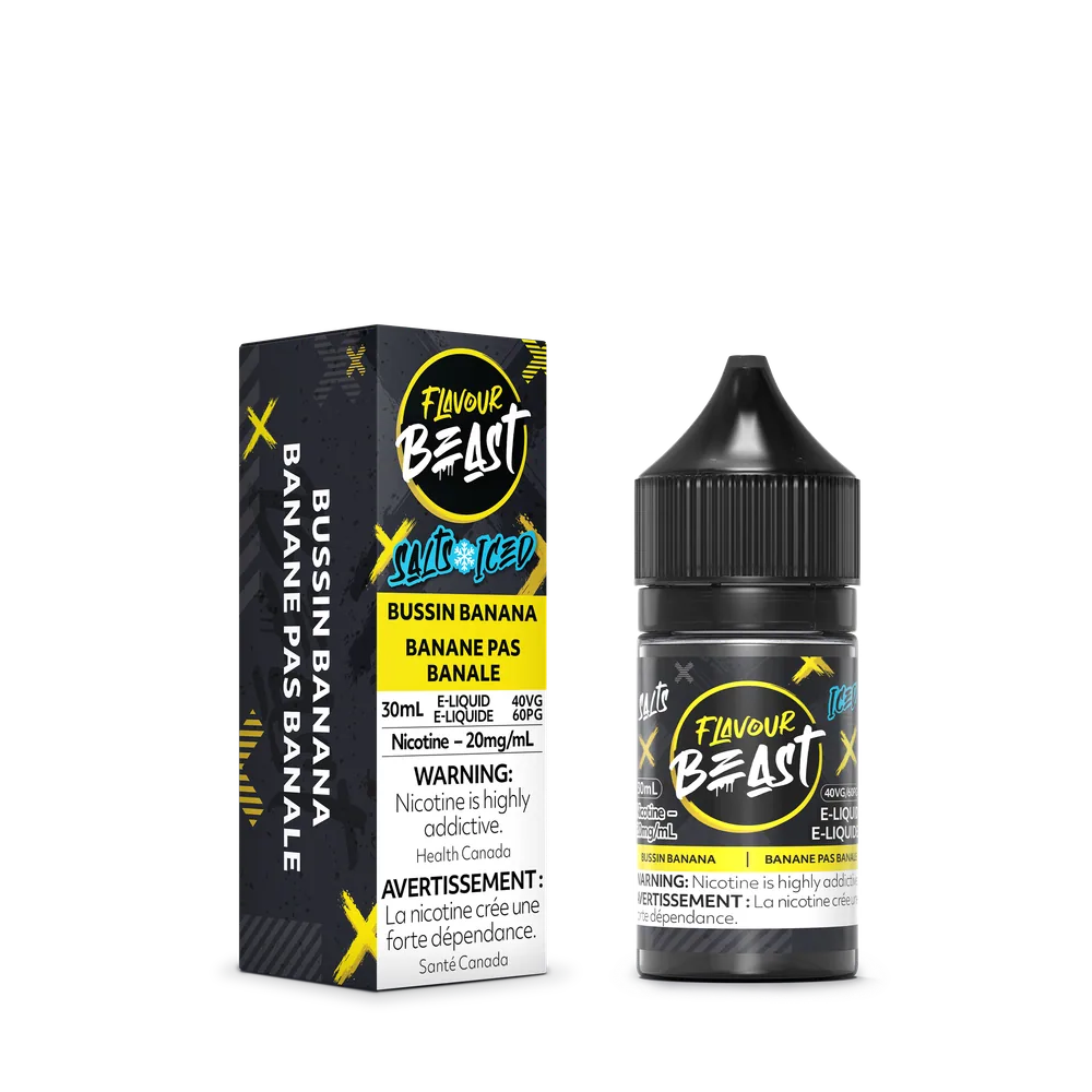 Flavour Beast Salt 30 mL - Bussin Banana 20 mg e-liquid bottle and package image