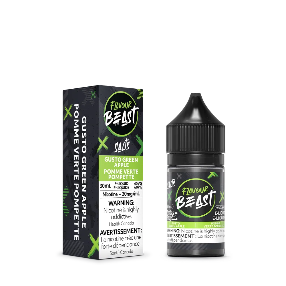 Flavour Beast Salt 30 mL - Gusto Green Apple 20 mg e-liquid bottle and package image