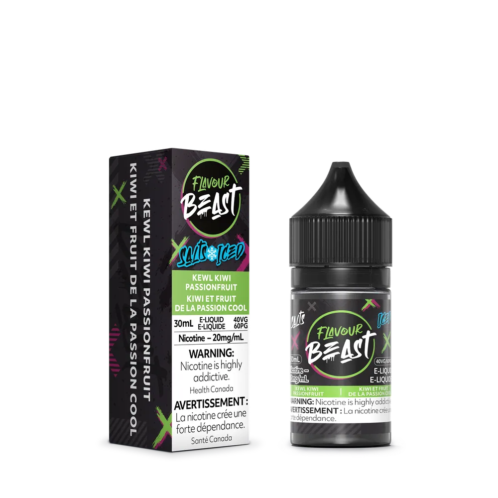 Flavour Beast Salt 30 mL - Kewl Kiwi Passionfruit 20 mg e-liquid bottle and package image