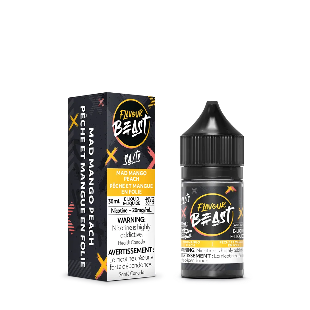 Flavour Beast Salt 30 mL - Mad Mango Peach 20 mg e-liquid bottle and package image