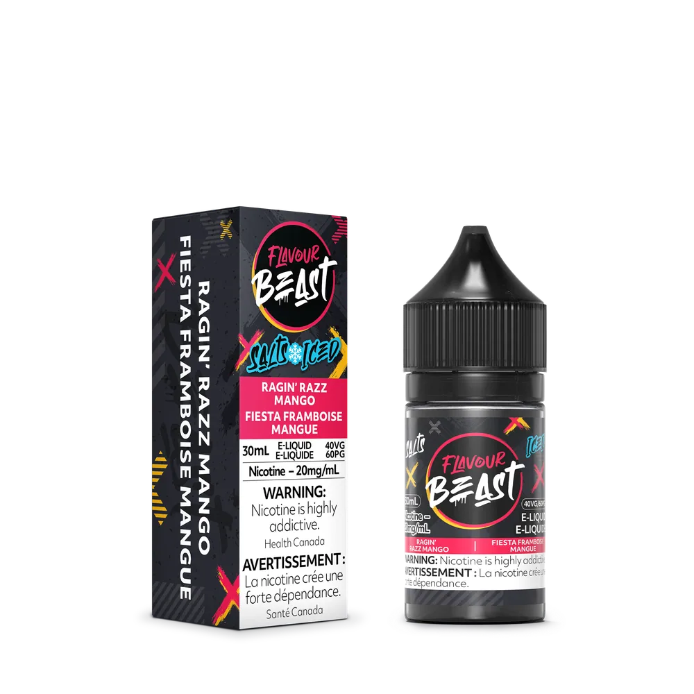 Flavour Beast Salt 30 mL - Ragin Razz Mango 20 mg e-liquid bottle and package image