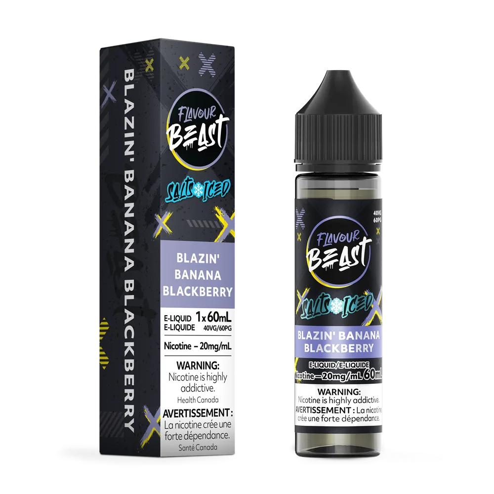 Flavour Beast Salt 60 mL - Blazin Banana Blackberry 20 mg e-liquid bottle and package image
