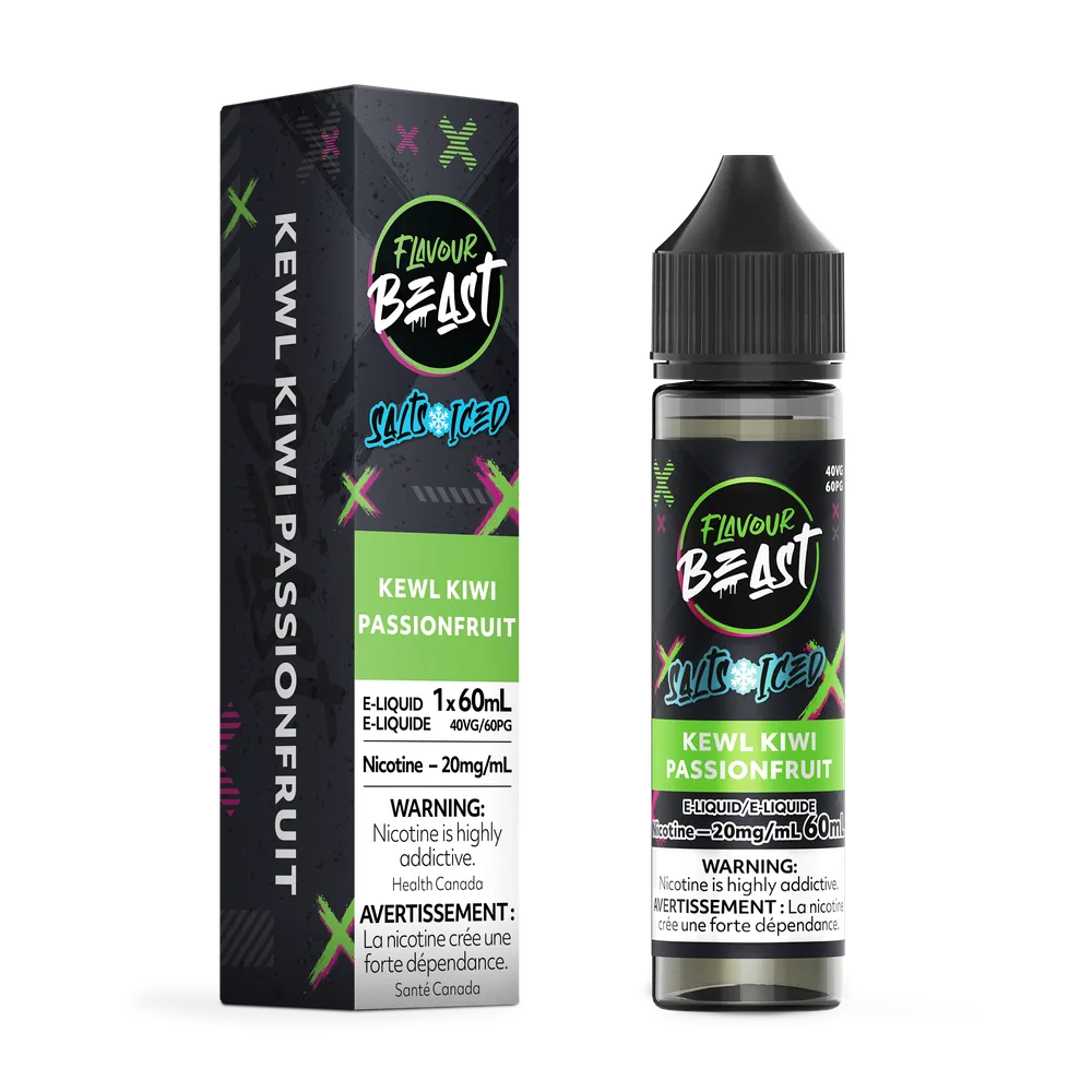 Flavour Beast Salt 60 mL - Kewl Kiwi Passionfruit 20 mg e-liquid bottle and package image