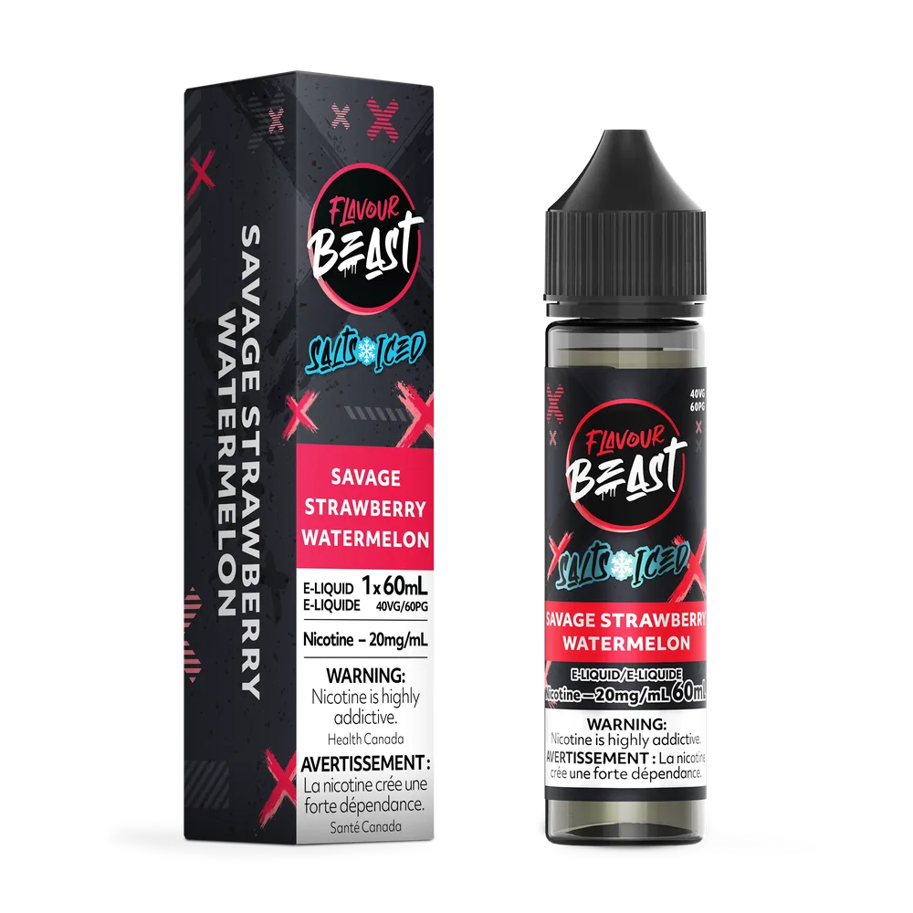 Flavour Beast Salt 60 mL - Savage Strawberry Watermelon 20 mg e-liquid bottle and package image