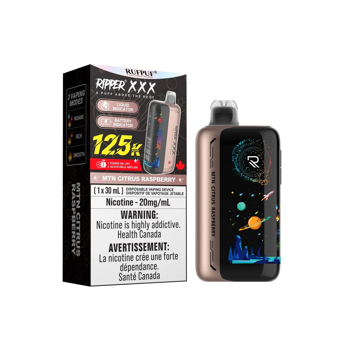 GCORE RIPPER XXX 125 K 30 ML — MTN Citrus Raspberry e-liquid bottle