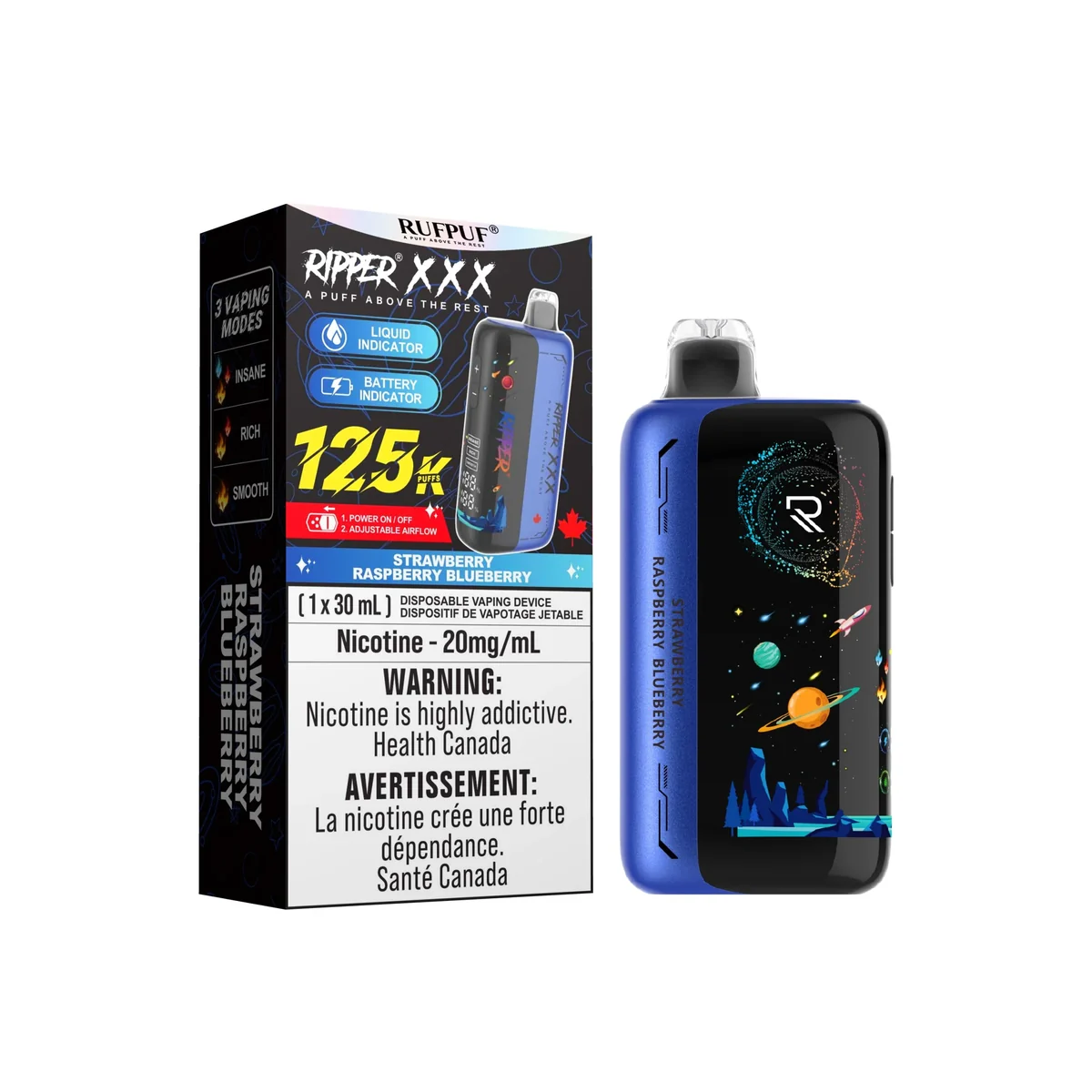 GCORE RIPPER XXX 125 K 30 ML — Strawberry Raspberry Blueberry e-liquid bottle
